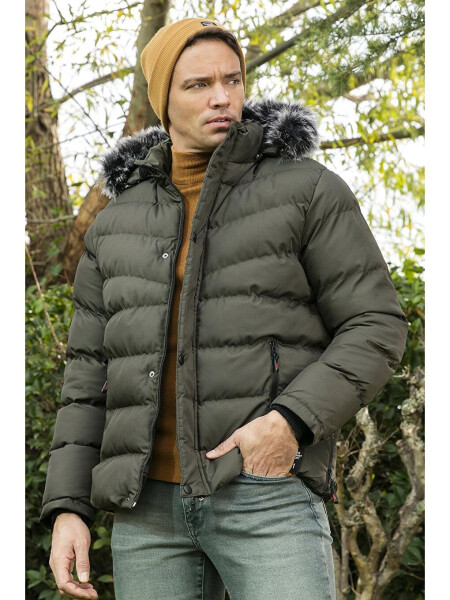 Haki Slim Fit Suni Kürklü Çıkarılabilir Kapüşonlu Şişme Mont Erkek Mont 5761080 B-Haki - 18