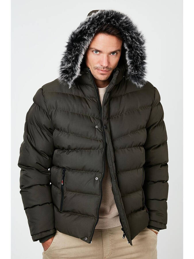 Haki Slim Fit Suni Kürklü Çıkarılabilir Kapüşonlu Şişme Mont Erkek Mont 5761080 B-Haki - 19