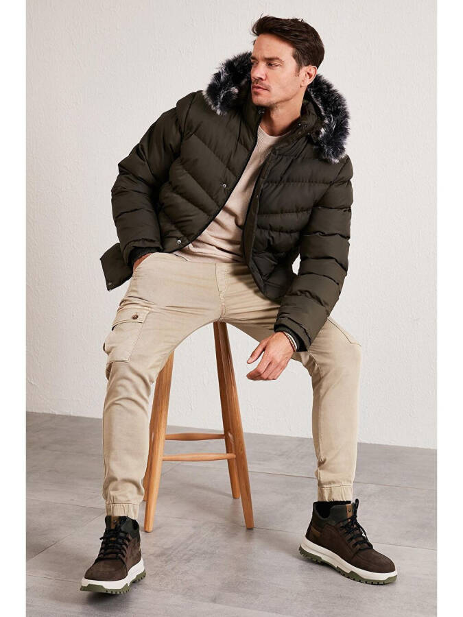 Haki Slim Fit Suni Kürklü Çıkarılabilir Kapüşonlu Şişme Mont Erkek Mont 5761080 B-Haki - 20