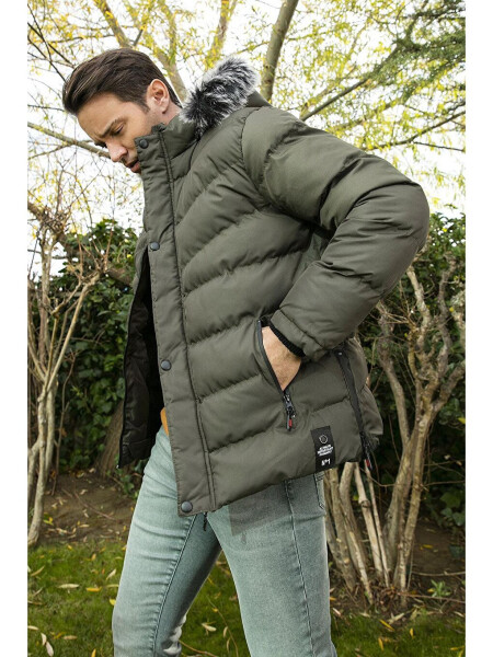 Haki Slim Fit Suni Kürklü Çıkarılabilir Kapüşonlu Şişme Mont Erkek Mont 5761080 B-Haki - 9