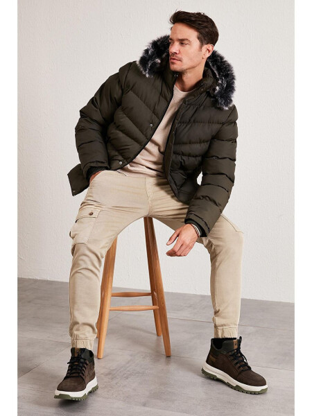 Haki Slim Fit Suni Kürklü Çıkarılabilir Kapüşonlu Şişme Mont Erkek Mont 5761080 B-Haki - 12