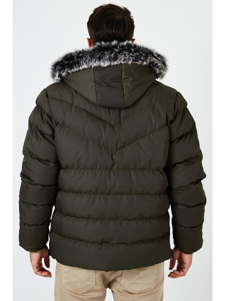 Haki Slim Fit Suni Kürklü Çıkarılabilir Kapüşonlu Şişme Mont Erkek Mont 5761080 B-Haki - 14