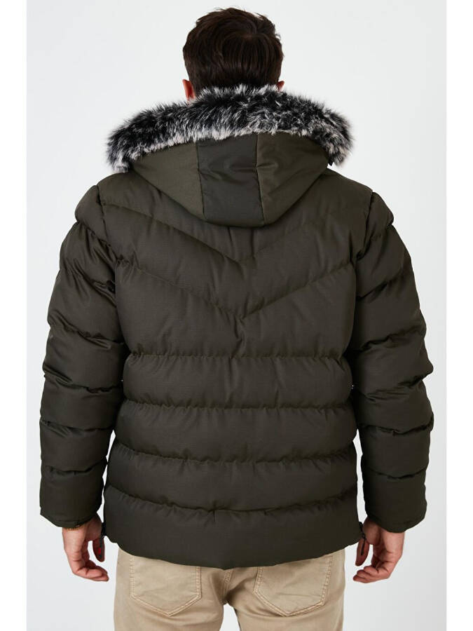 Haki Slim Fit Suni Kürklü Çıkarılabilir Kapüşonlu Şişme Mont Erkek Mont 5761080 B-Haki - 14