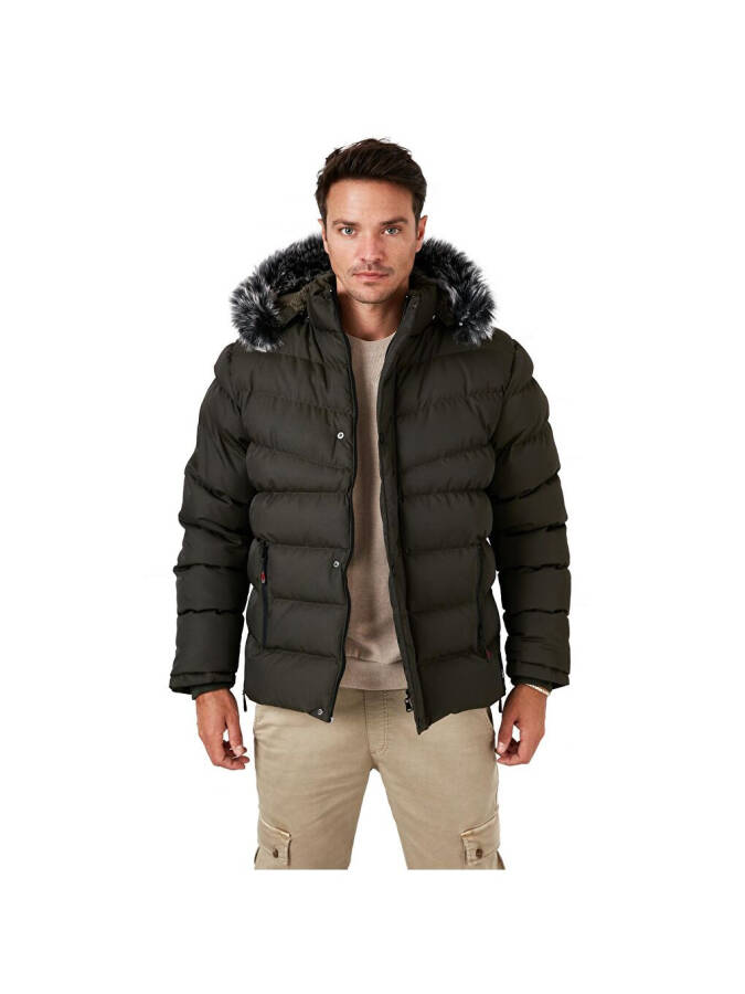 Haki Slim Fit Suni Kürklü Çıkarılabilir Kapüşonlu Şişme Mont Erkek Mont 5761080 B-Haki - 8