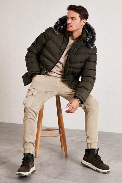 Haki Slim Fit Suni Kürklü Çıkarılabilir Kapüşonlu Şişme Mont Erkek Mont 5761080 B-Haki - 36