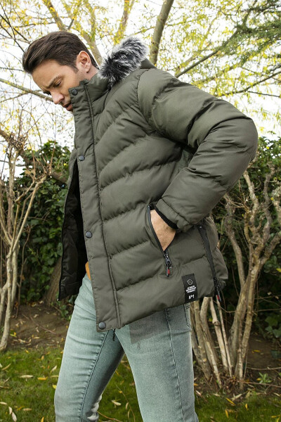 Haki Slim Fit Suni Kürklü Çıkarılabilir Kapüşonlu Şişme Mont Erkek Mont 5761080 B-Haki - 25