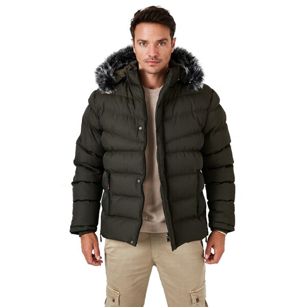Haki Slim Fit Suni Kürklü Çıkarılabilir Kapüşonlu Şişme Mont Erkek Mont 5761080 B-Haki - 32