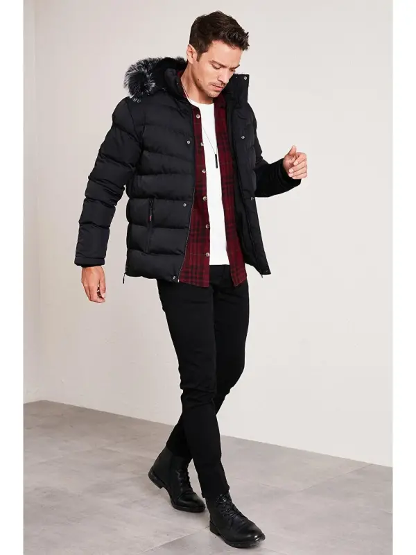 Slim Fit Suni Kürklü Peluş Astarlı Çıkarılabilir Kapüşonlu Şişme Mont 5761080 B-Siyah - 4