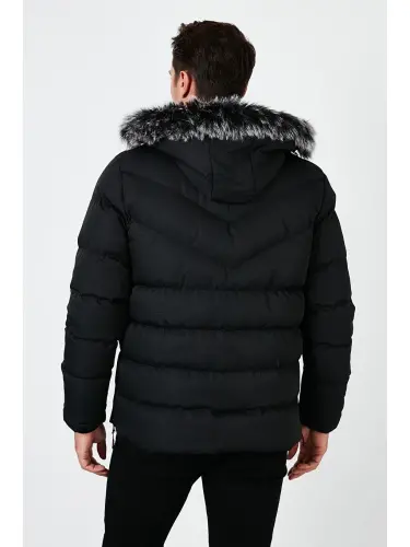 Slim Fit Suni Kürklü Peluş Astarlı Çıkarılabilir Kapüşonlu Şişme Mont 5761080 B-Siyah - 6