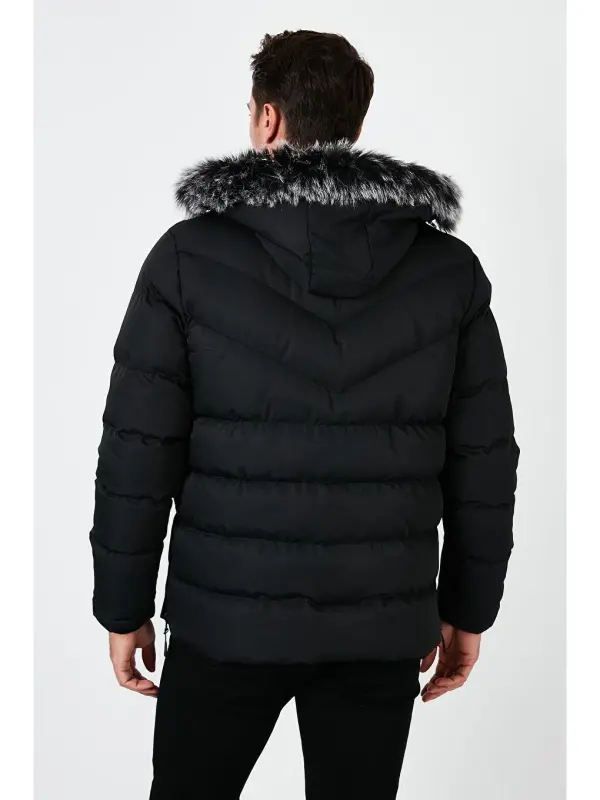 Slim Fit Suni Kürklü Peluş Astarlı Çıkarılabilir Kapüşonlu Şişme Mont 5761080 B-Siyah - 6