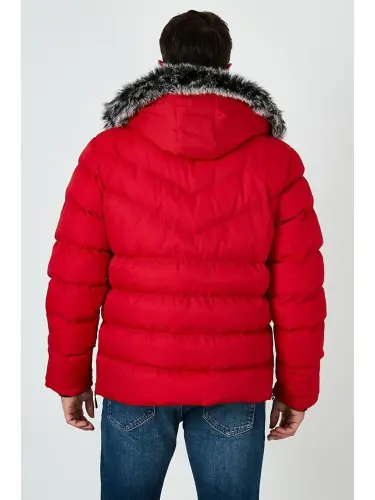 Slim Fit Sun'iy Mo'ynali Peluş Astarli Chiqariladigan Kapüşonli Shishme Mont 5761080 B-Qizil - 5