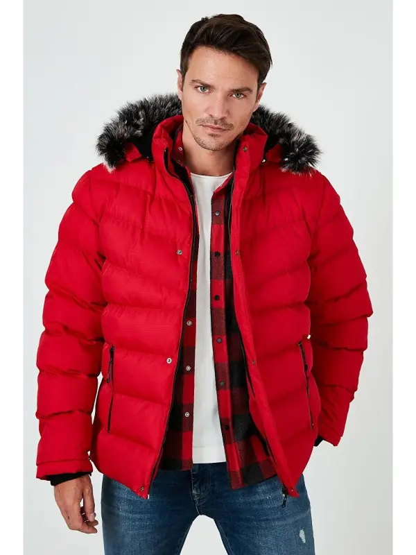 Slim Fit Sun'iy Mo'ynali Peluş Astarli Chiqariladigan Kapüşonli Shishme Mont 5761080 B-Qizil - 8