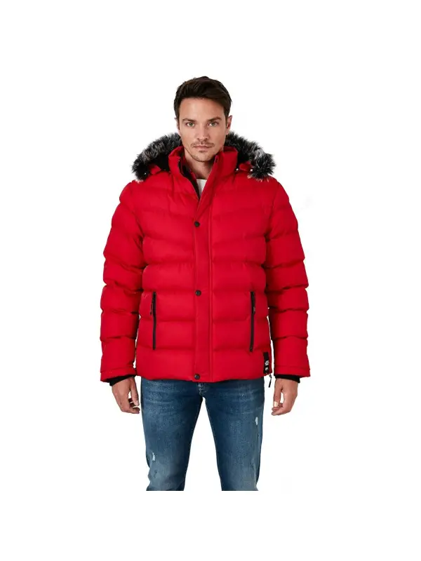 Slim Fit Sun'iy Mo'ynali Peluş Astarli Chiqariladigan Kapüşonli Shishme Mont 5761080 B-Qizil - 9