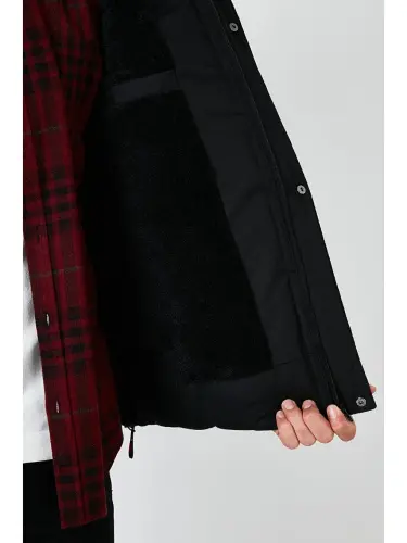 Slim Fit Sun'iy Mo'ynali Peluş Astarli Chiqariladigan Kapüşonli Shishme Mont 5761080 B-Qora - 5