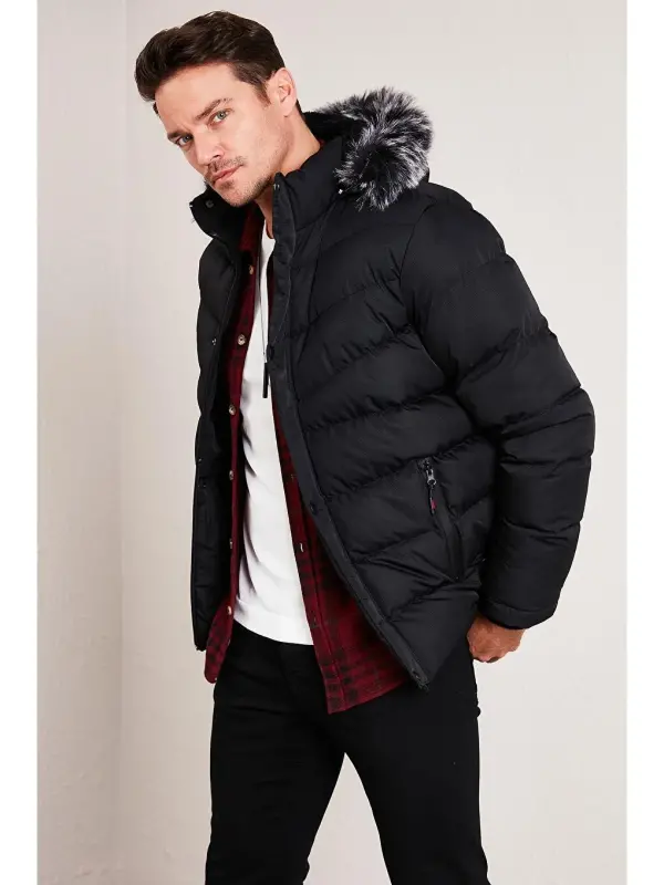 Slim Fit Sun'iy Mo'ynali Peluş Astarli Chiqariladigan Kapüşonli Shishme Mont 5761080 B-Qora - 8