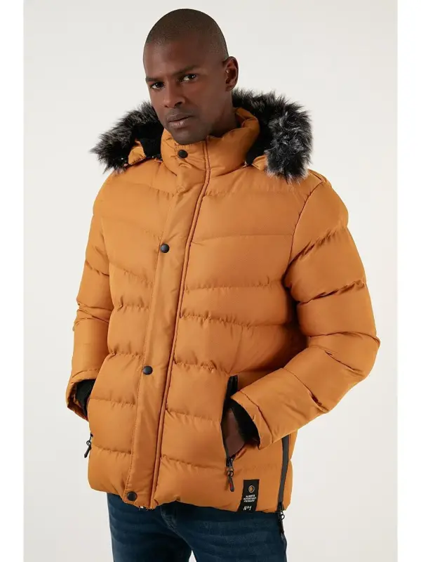 Slim Fit Sun'iy Mo'ynali Yechiladigan Kapüşonli Shishirma Kurtka Erkaklar Kurtkasi 5761080 B-Sari - 3