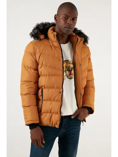 Slim Fit Sun'iy Mo'ynali Yechiladigan Kapüşonli Shishirma Kurtka Erkaklar Kurtkasi 5761080 B-Sari - 8