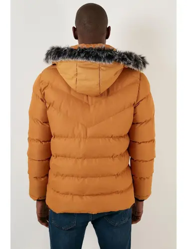 Slim Fit Sun'iy Mo'ynali Yechiladigan Kapüşonli Shishirma Kurtka Erkaklar Kurtkasi 5761080 B-Sari - 5