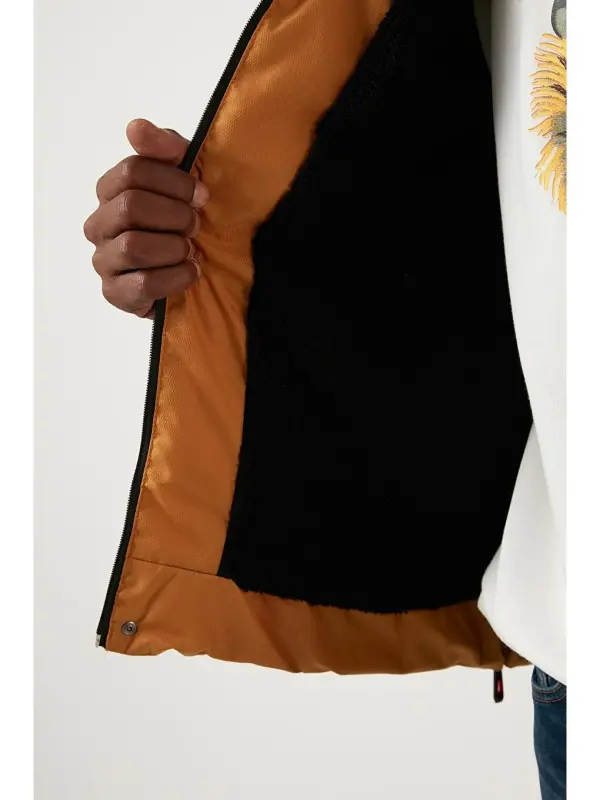 Slim Fit Sun'iy Mo'ynali Yechiladigan Kapüşonli Shishirma Kurtka Erkaklar Kurtkasi 5761080 B-Sari - 7