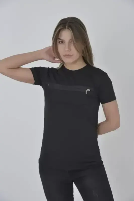 Slim Fit T-Shirt with Zipper Detail on Chest - Black - BÜYÜKBEDENIZ