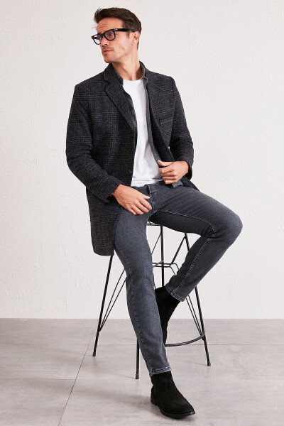 Slim Fit Tek Yırtmaçlı Düğmeli Mono Yaka Kaşe Kaban - 3