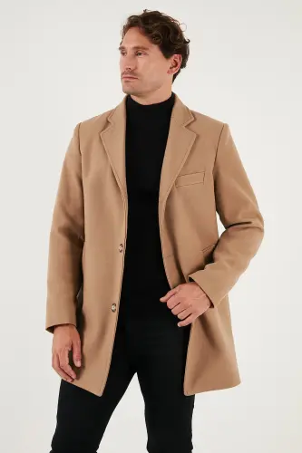 Slim Fit Tek Yırtmaçlı Düğmeli Mono Yaka Kaşe Kaban Erkek KABAN 5840098 - CAMEL - 1