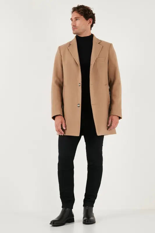 Slim Fit Tek Yırtmaçlı Düğmeli Mono Yaka Kaşe Kaban Erkek KABAN 5840098 - CAMEL - 3