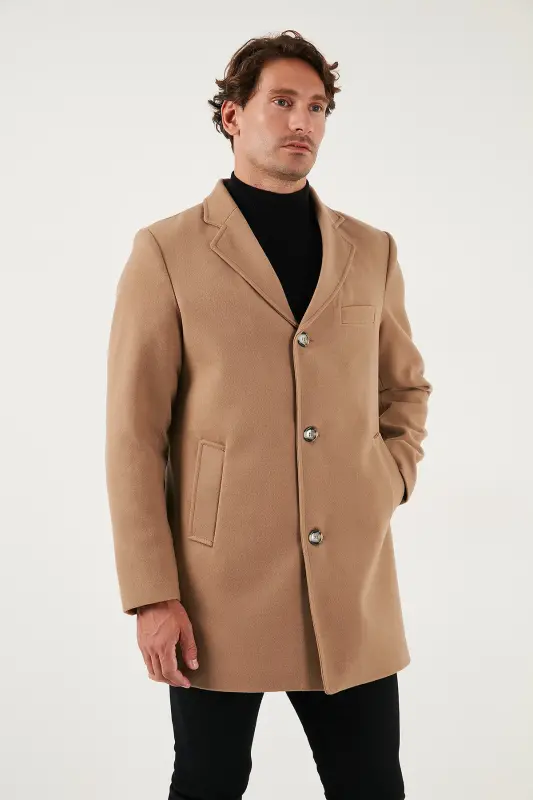 Slim Fit Tek Yırtmaçlı Düğmeli Mono Yaka Kaşe Kaban Erkek KABAN 5840098 - CAMEL - 4