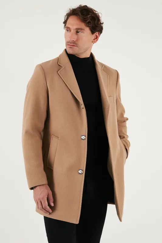 Slim Fit Tek Yırtmaçlı Düğmeli Mono Yaka Kaşe Kaban Erkek KABAN 5840098 - CAMEL - 5