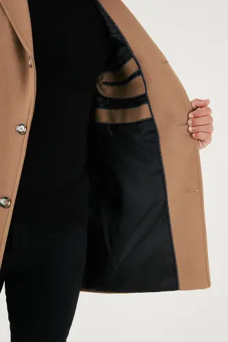 Slim Fit Tek Yırtmaçlı Düğmeli Mono Yaka Kaşe Kaban Erkek KABAN 5840098 - CAMEL - 6