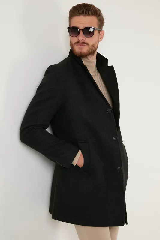 Slim Fit Tek Yırtmaçlı Düğmeli Mono Yaka Kaşe Kaban Erkek Kaban 5840098 - FÜME - 1
