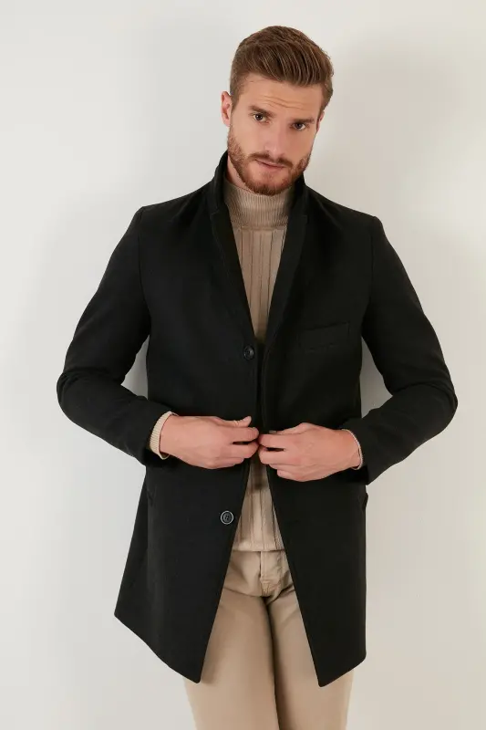Slim Fit Tek Yırtmaçlı Düğmeli Mono Yaka Kaşe Kaban Erkek Kaban 5840098 - FÜME - 2