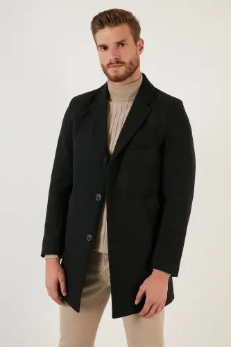 Slim Fit Tek Yırtmaçlı Düğmeli Mono Yaka Kaşe Kaban Erkek Kaban 5840098 - FÜME - 3