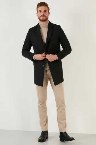 Slim Fit Tek Yırtmaçlı Düğmeli Mono Yaka Kaşe Kaban Erkek Kaban 5840098 - FÜME - 4
