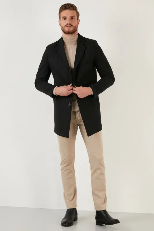 Slim Fit Tek Yırtmaçlı Düğmeli Mono Yaka Kaşe Kaban Erkek Kaban 5840098 - FÜME - 4