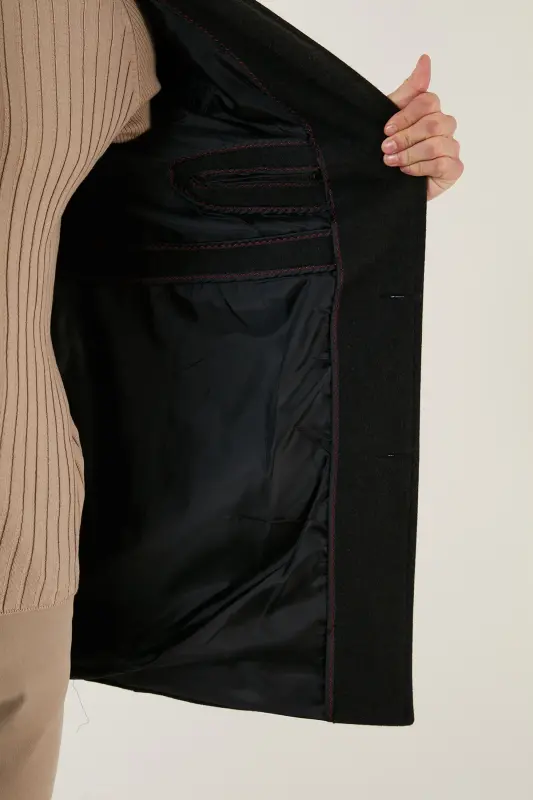Slim Fit Tek Yırtmaçlı Düğmeli Mono Yaka Kaşe Kaban Erkek Kaban 5840098 - FÜME - 5