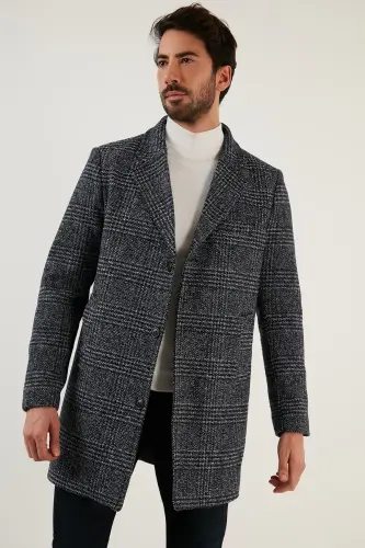 Slim Fit Tek Yırtmaçlı Düğmeli Mono Yaka Kaşe Kaban Erkek Kaban 5840098 - Lacivert Ekoseli - BURATTI (1)
