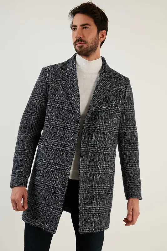 Slim Fit Tek Yırtmaçlı Düğmeli Mono Yaka Kaşe Kaban Erkek Kaban 5840098 - Lacivert Ekoseli - 2