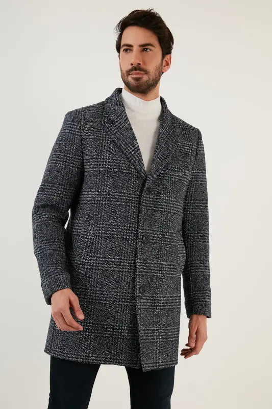 Slim Fit Tek Yırtmaçlı Düğmeli Mono Yaka Kaşe Kaban Erkek Kaban 5840098 - Lacivert Ekoseli - 3