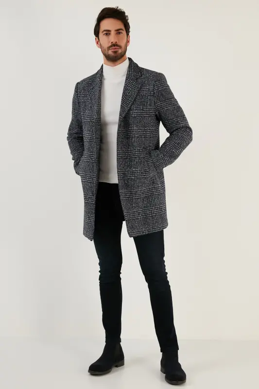 Slim Fit Tek Yırtmaçlı Düğmeli Mono Yaka Kaşe Kaban Erkek Kaban 5840098 - Lacivert Ekoseli - 4