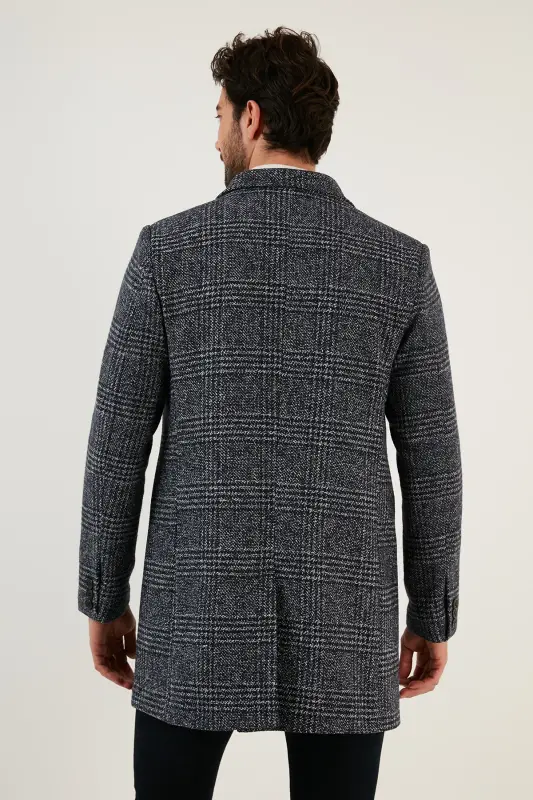 Slim Fit Tek Yırtmaçlı Düğmeli Mono Yaka Kaşe Kaban Erkek Kaban 5840098 - Lacivert Ekoseli - 5