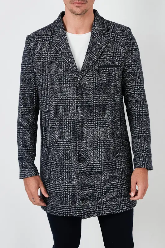 Slim Fit Tek Yırtmaçlı Düğmeli Mono Yaka Kaşe Kaban Erkek Kaban 5840098 - Lacivert Ekoseli - 7