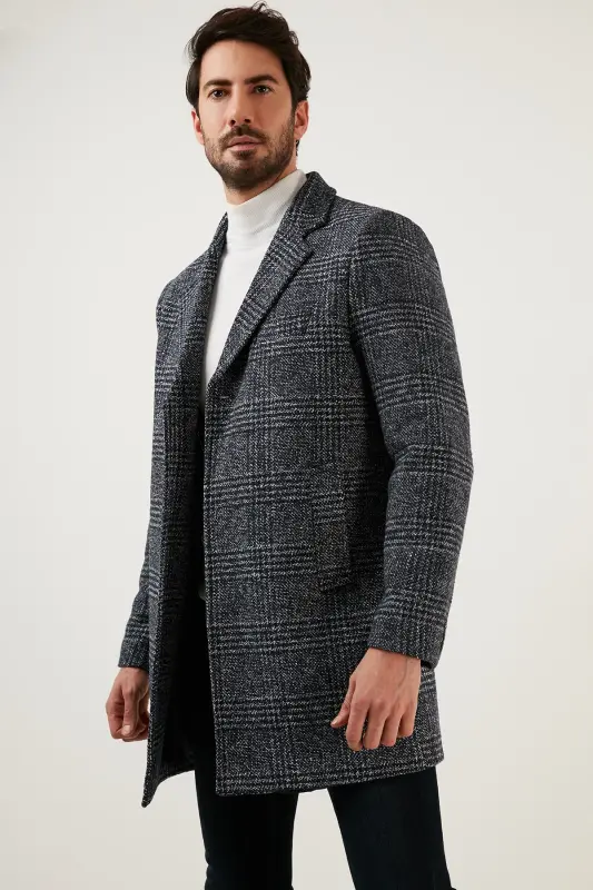 Slim Fit Tek Yırtmaçlı Düğmeli Mono Yaka Kaşe Kaban Erkek Kaban 5840098 - Lacivert Ekoseli - BURATTI