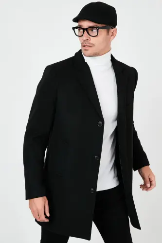 Slim Fit Tek Yirtmaçli Tugmali Mono Yaka Kaşe Kaban Erkak Kaban 5840098-SIYOH - 2