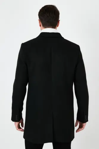 Slim Fit Tek Yirtmaçli Tugmali Mono Yaka Kaşe Kaban Erkak Kaban 5840098-SIYOH - 5