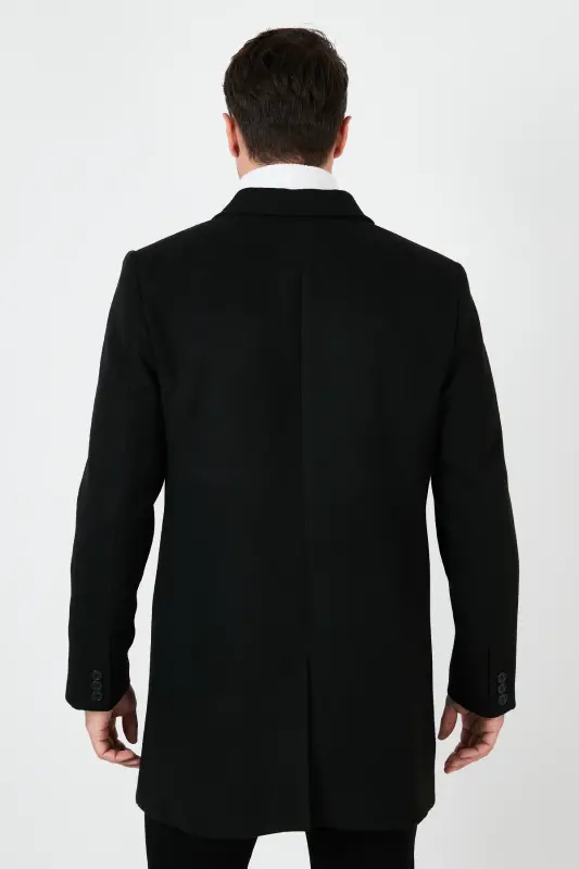Slim Fit Tek Yirtmaçli Tugmali Mono Yaka Kaşe Kaban Erkak Kaban 5840098-SIYOH - 5