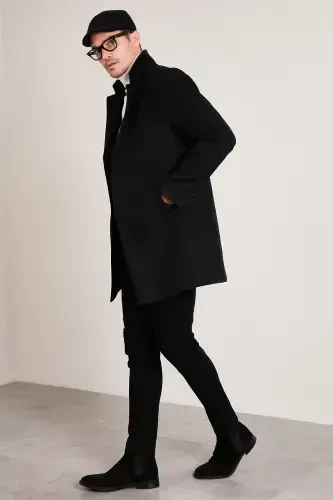Slim Fit Tek Yirtmaçli Tugmali Mono Yaka Kaşe Kaban Erkak Kaban 5840098-SIYOH - 1