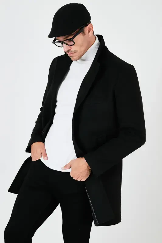 Slim Fit Tek Yirtmaçli Tugmali Mono Yaka Kaşe Kaban Erkak Kaban 5840098-SIYOH - 4