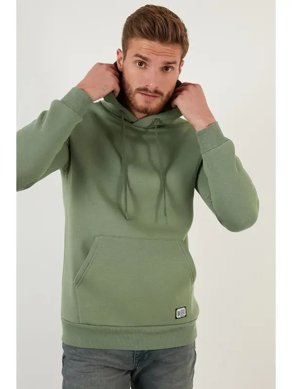 Slim Fit Толстовка с капюшоном и карманом-кенгуру, мягкая мужская толстовка с начесом, с подкладкой из искусственного меха 5905281-Turkuaz - 4