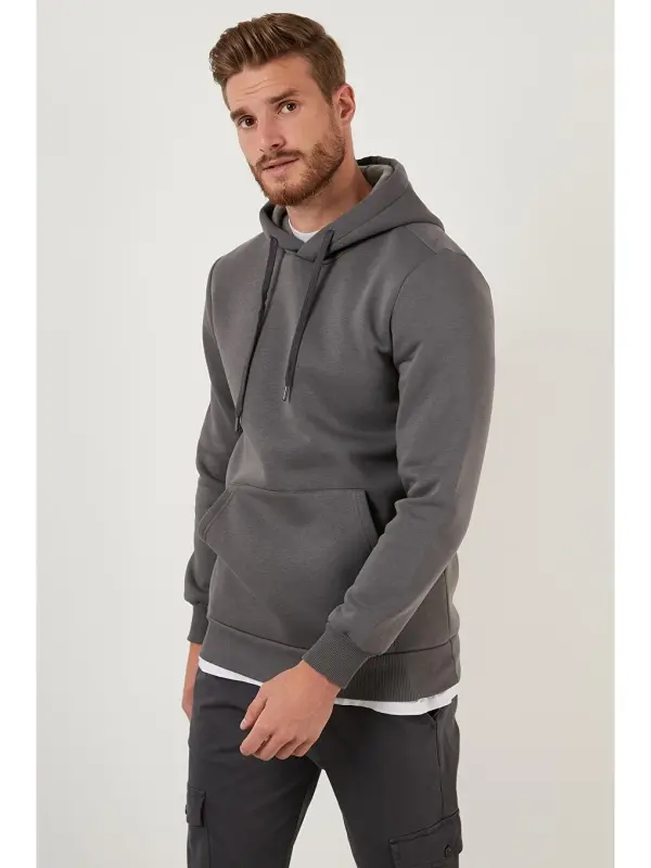 Slim Fit Толстовка с капюшоном и карманом-кенгуру, мягкая мужская толстовка с начесом внутри, 5905281-Антрацит - 6